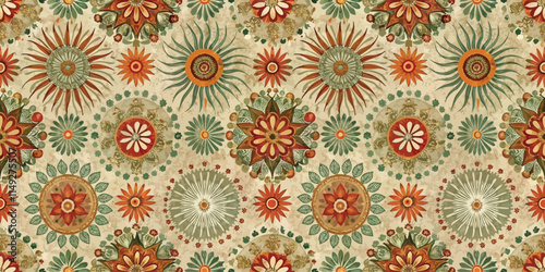 Vibrant floral and sunburst pattern in warm tones, creating an inviting and energetic ambiance.