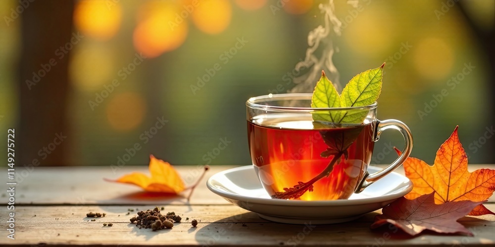 Aromatic Autumnal Tea in Glass Cup with Steaming Brew and Colorful Leaves on Wooden Table Aromatic Autumnal Tea in Glass Cup with Steaming Brew and Colorful Leaves on Wooden Table