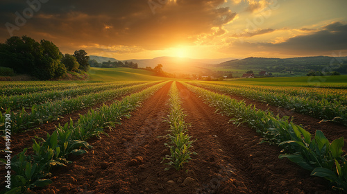 A landscape image shows rows of plants stretching into a golden sunset
