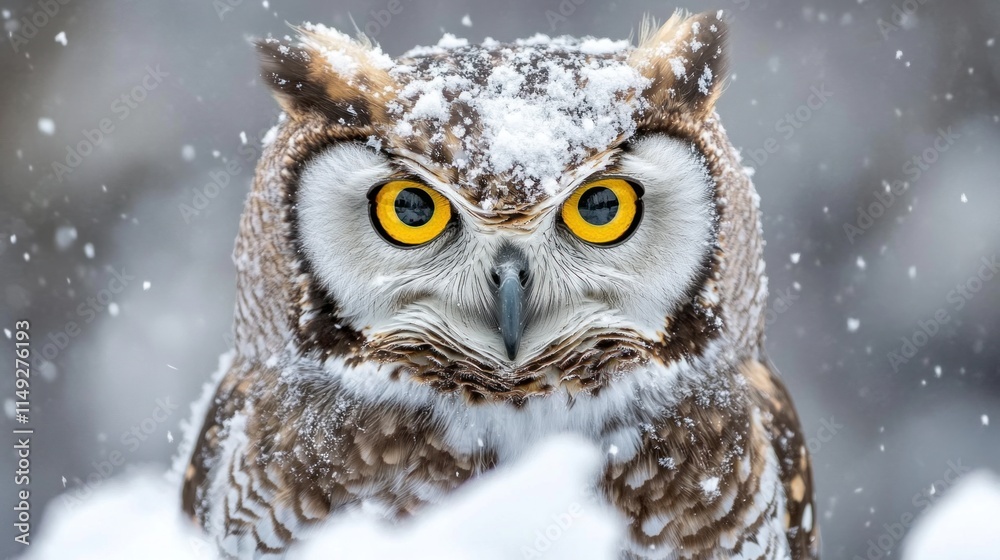 Majestic great horned owl in snowy winter scene. Majestic great horned owl in snowy winter scene.