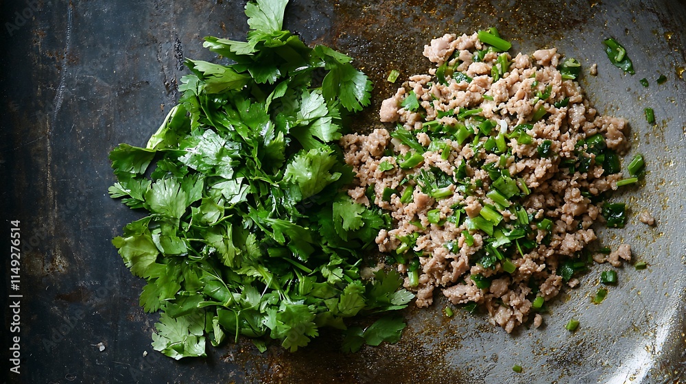 Traditional larb dish featuring minced pork and fresh greens served on a rustic surface top view Traditional larb dish featuring minced pork and fresh greens served on a rustic surface top view