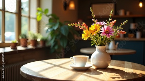 Sunlight Illuminates a Cozy Cafe Table Setting with a Delicate Bouquet and a Cup of Coffee