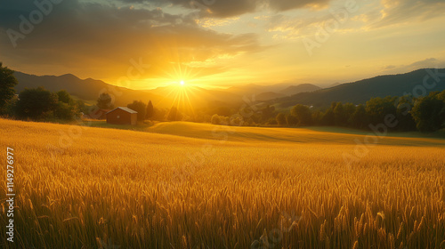 Golden wheat fields bask in the sunset set against rolling hills