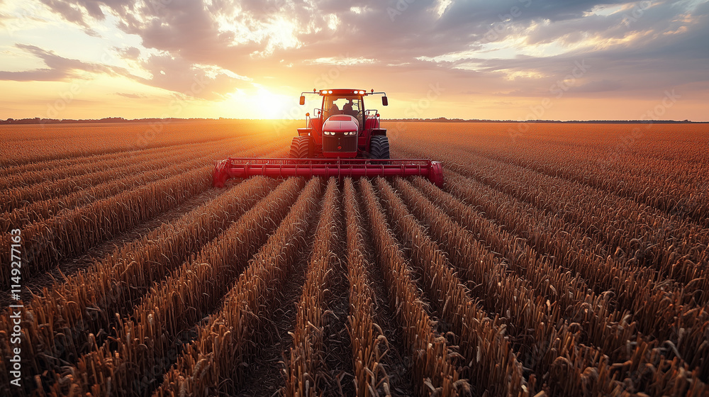 Fototapeta premium A red tractor harvests a golden wheat field at sunset