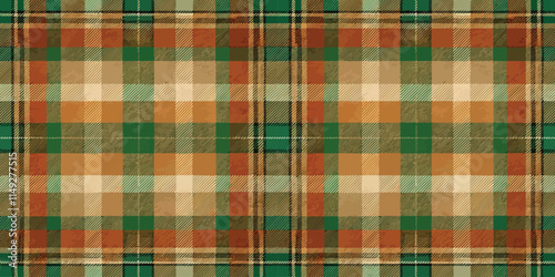 A vibrant, seasonal plaid pattern featuring green, orange, and beige hues, perfect for autumn-themed designs.