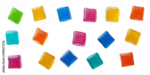 Colorful square jelly candies on white background, sweet confectionery and playful treats concept