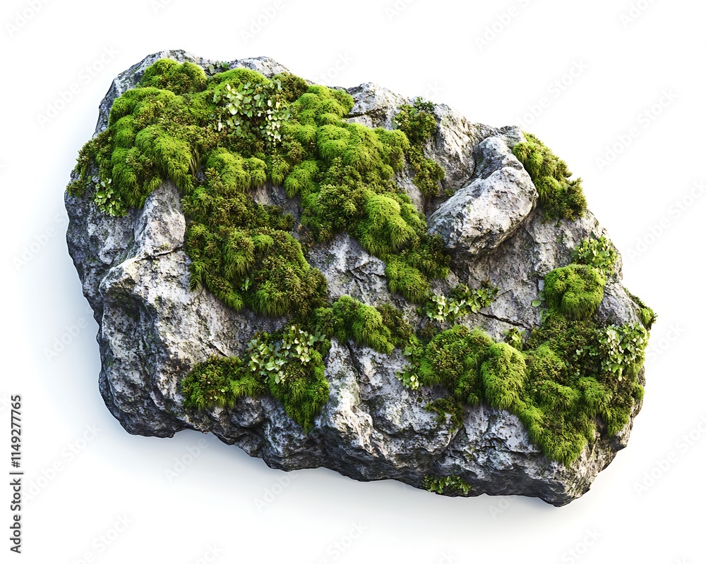 Top-down angle of moss-covered rock with detailed moss and natural rock features, hyper-realistic 3D rendering isolated on a white background. Top-down angle of moss-covered rock with detailed moss and natural rock features, hyper-realistic 3D rendering isolated on a white background.