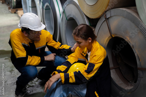 A young female engineer or mechanical worker receives support from her coworker next to the rolls of metal sheets in a factory. Sympathy under partnership among two workers. Cooperation in factory