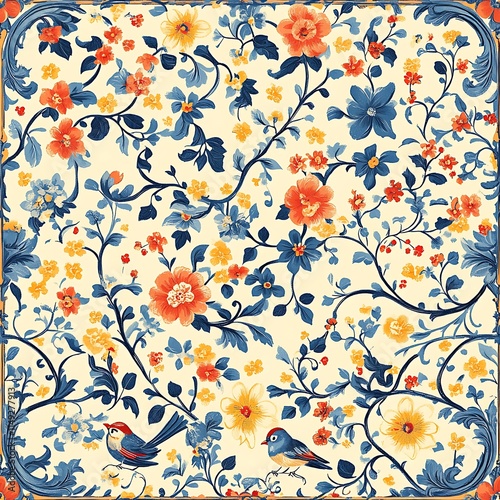 Vivid Floral Pattern with Delicate Vines and Intertwined Elements