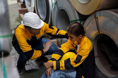 A young female engineer or mechanical worker receives support from her coworker next to the rolls of metal sheets in a factory. Sympathy under partnership among two workers. Cooperation in factory