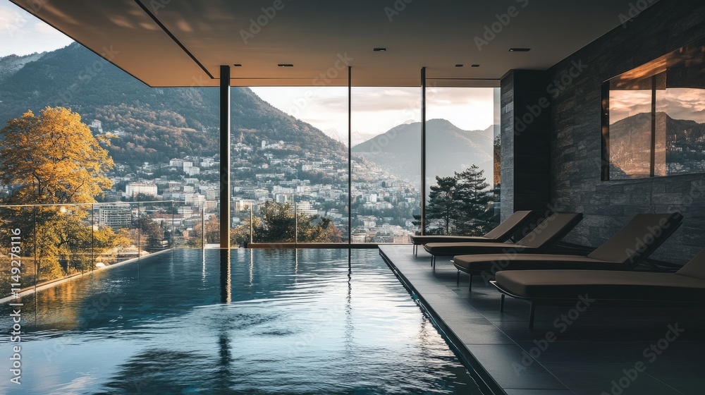 Obraz premium A modern indoor pool with a row of minimalist lounge chairs, sleek tiles, and glass panels framing a scenic city view.