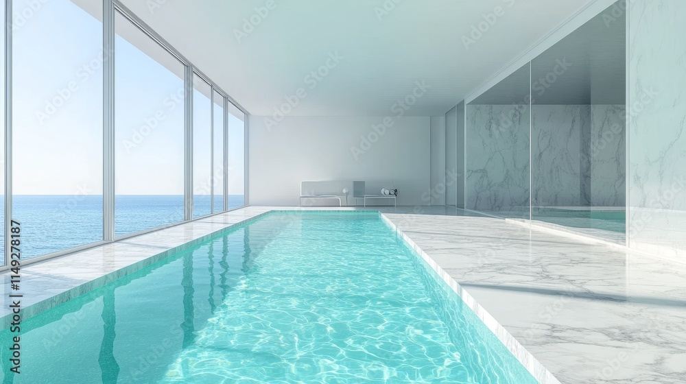 Fototapeta premium A modern indoor swimming pool with clear turquoise water, surrounded by sleek marble flooring, and large floor-to-ceiling windows letting in bright daylight.