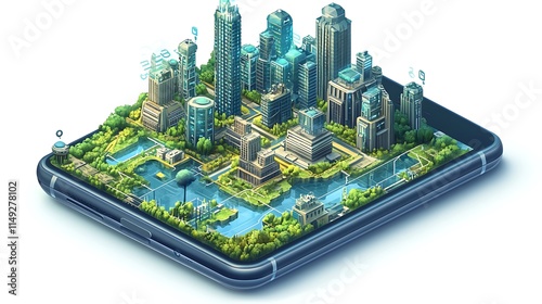 A futuristic isometric design of a smartphone showcasing a surreal city map with a 3D urban landscape and GPS markers for smart city innovation. photo