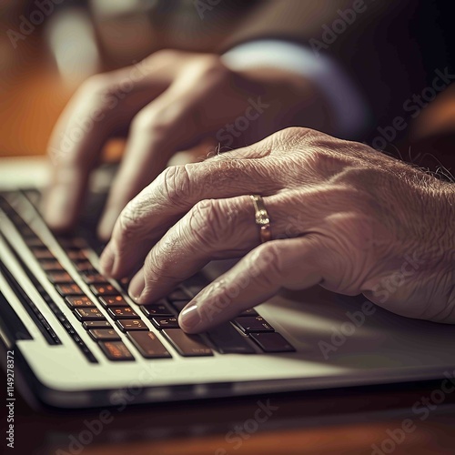 A close-up of senior hands typing on a laptop, showcasing seniors confidently using modern technology 