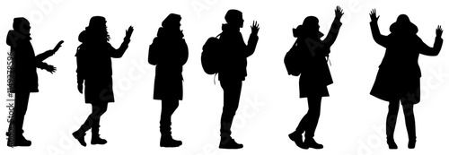 Silhouettes of Travelers and Backpackers in Winter Attire Waving and Greeting