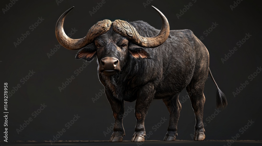 Obraz premium Majestic Portrait of a Full Buffalo in Realistic Detail Captured Against Dark Background