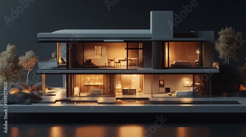 A sleek 3D cross-section rendering of a modern home, showcasing detailed interiors and architectural design. photo