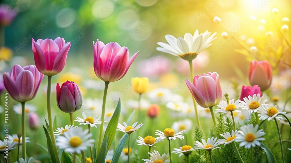 Fototapeta premium Minimalist Spring Garden: Colorful Tulips, Daisies & Chamomile