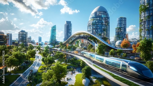 A vibrant 3D design of a sustainable smart city, highlighting innovation in transportation, architecture, and green spaces.