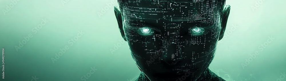 Obraz premium Futuristic humanlike figure with a visible brain, advanced technology integrated into the digital environment, glowing circuits, holographic elements, cybernetic atmosphere