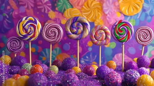 Enchanted candyland with vibrant purple lollipops and shimmering sugar accents