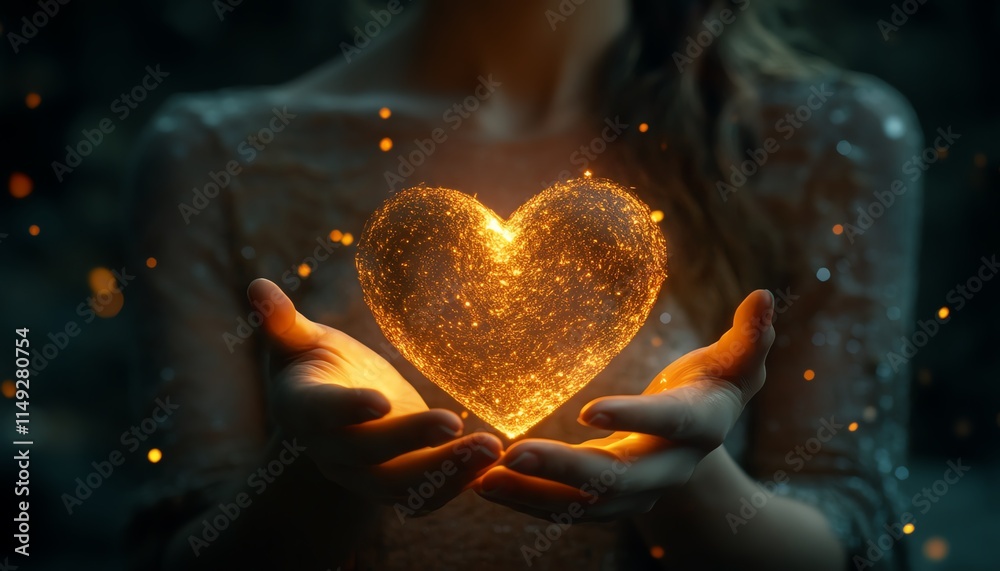 Holding a luminous heart symbol in a dark space, soft lighting highlighting the heart, minimalistic dress, glowing warmth emanating from the symbol