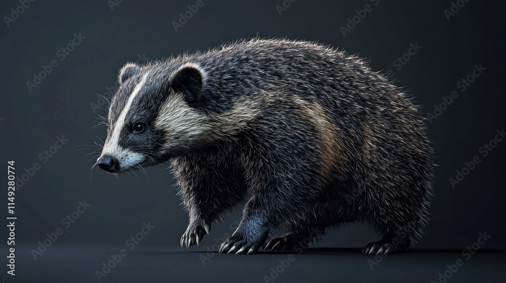 Naklejka premium Realistic full body illustration of a badger in a dynamic pose showcasing its textured fur and details against a dark background