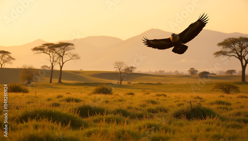 Eagle flying over African savanna