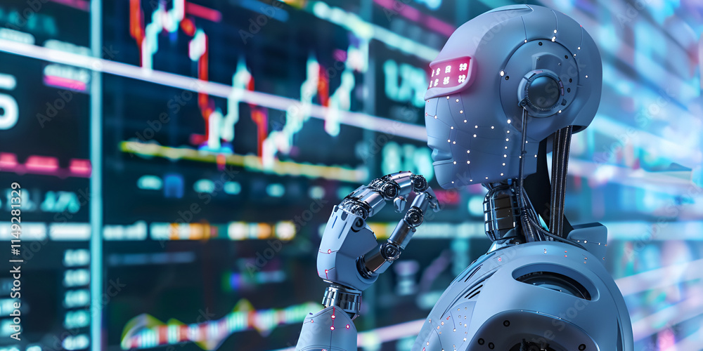 AI analyzing stock market data on futuristic screens, Robotic system reviewing financial trends in technology-driven market