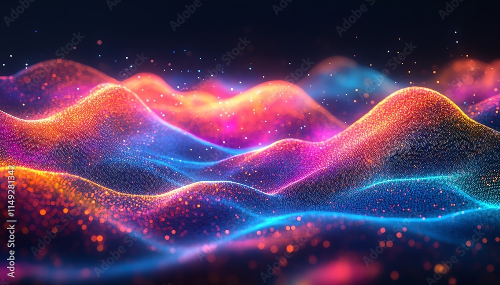 Obraz premium Nighttime digital cityscape with vibrant, colorful data streams, flowing lines symbolizing technological advancements and innovation, glowing digital pathways