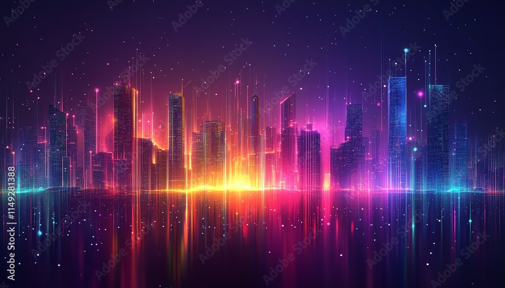 Nighttime digital cityscape with vibrant, colorful data streams, flowing lines symbolizing technological advancements and innovation, glowing digital pathways