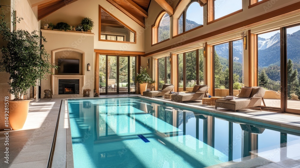An upscale indoor pool with chic furniture, an open-plan layout, and a scenic view of the mountains through full-height windows. An upscale indoor pool with chic furniture, an open-plan layout, and a scenic view of the mountains through full-height windows.
