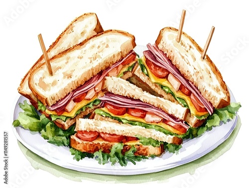 A watercolor painting of a delicious club sandwich cut into four pieces, served on a white plate, garnished with lettuce and small wooden picks. photo