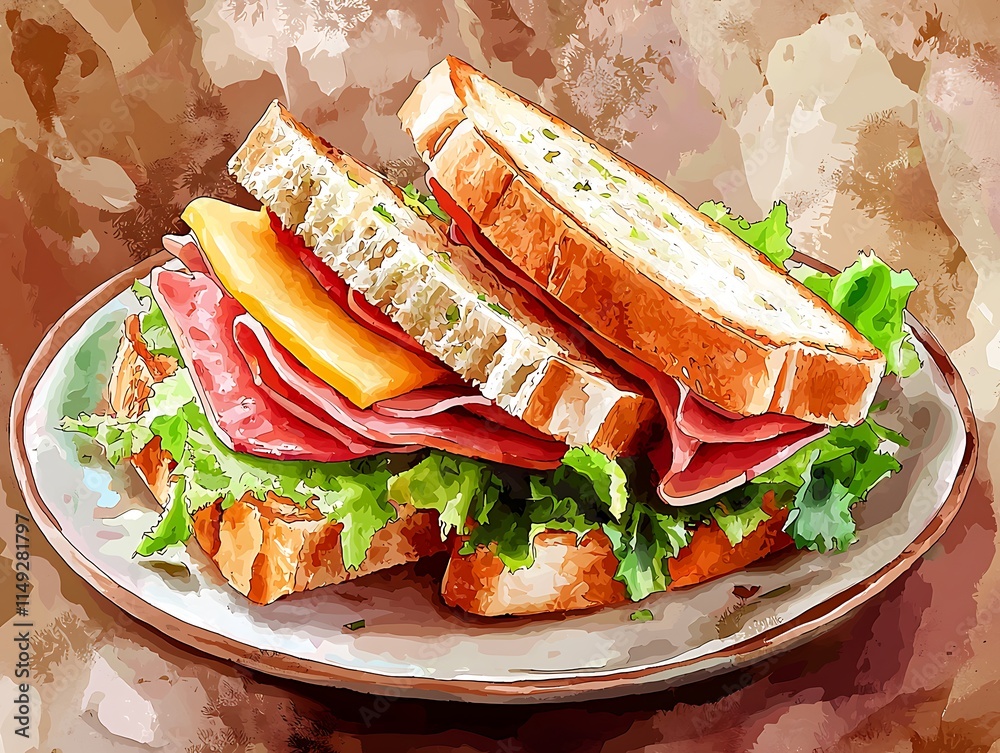 Obraz premium A Delicious Watercolor Painting of a Ham and Cheese Sandwich on a Plate.