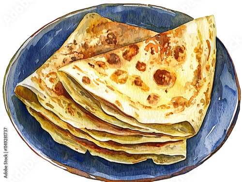 Watercolor Painting of Delicious Golden Brown Pancakes Stacked on a Blue Plate.
