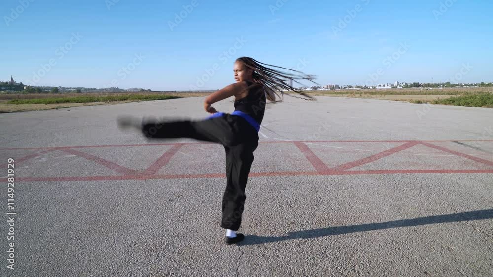Chica practicando artes marciales en el paisaje infinito y minimalista de una pista de aterrizaje un día soleado con cielo azul.