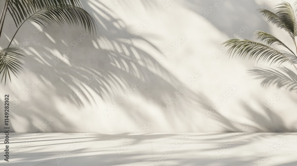Shadow of palm leaves on white concrete light beige wall Shadow of palm leaves on white concrete light beige wall