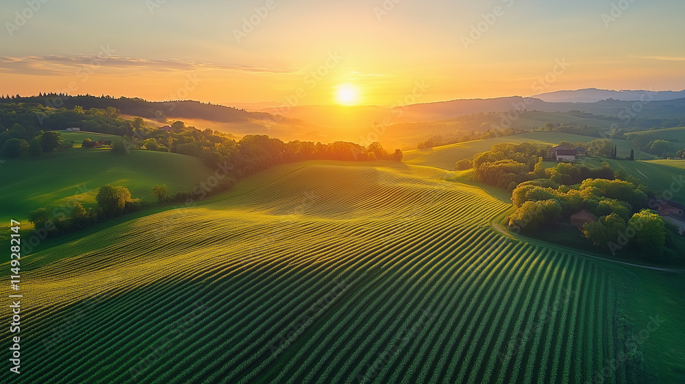 Obraz premium A landscape image shows a vivid sunset over rolling green hills with neatly planted crops in the foreground