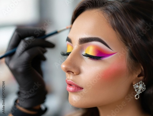 Wallpaper Mural Close-up of a makeup artist applying bold, colorful eyeshadow featuring pink, yellow, and orange tones on a woman's eyelid.
 Torontodigital.ca