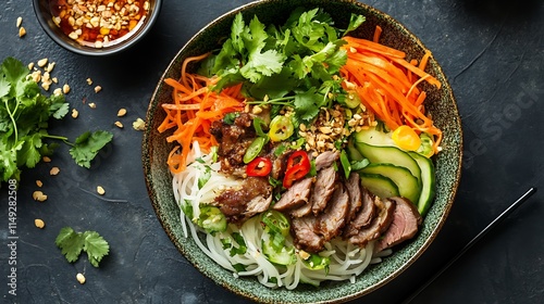 Traditional spicy noodle salad with mixed meats and a tangy sauce photo