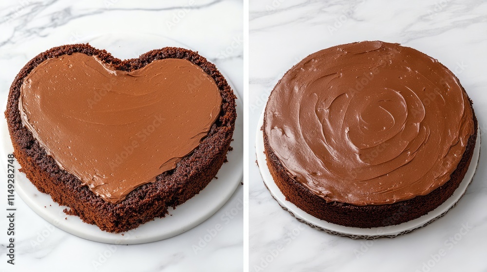 Heart-Shaped Chocolate Cake with Smooth Frosting on Marble Background Heart-Shaped Chocolate Cake with Smooth Frosting on Marble Background