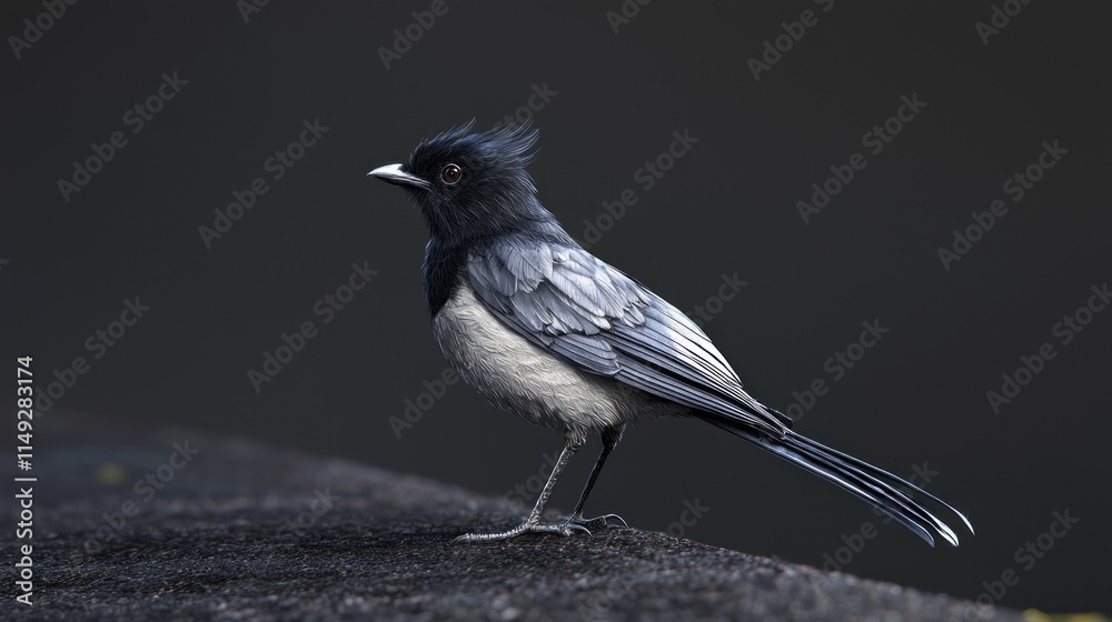 Stunning Full Body Portrait of a Black and White Bird Perched on a Rustic Surface Against a Dark Background