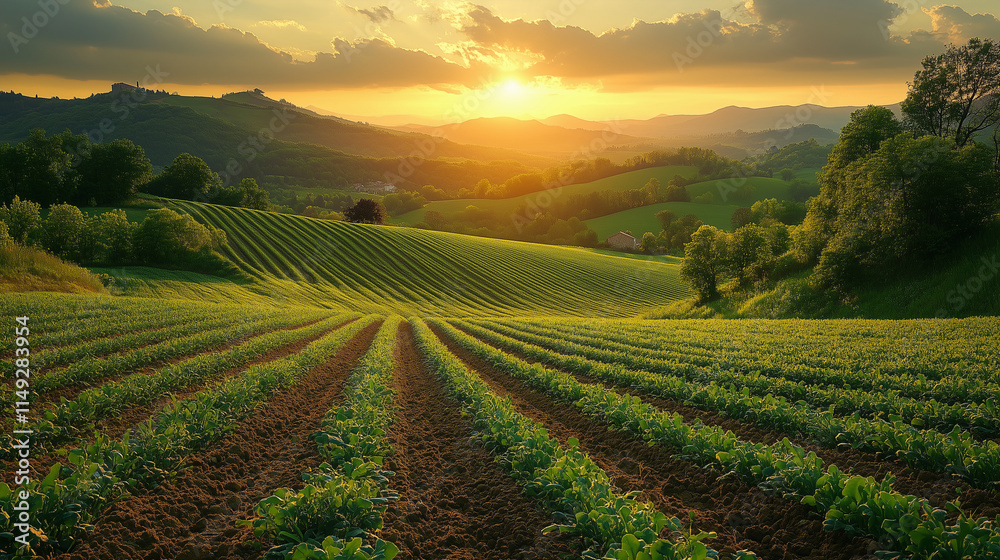 A field view at sunset with rows of crops in the foreground A field view at sunset with rows of crops in the foreground