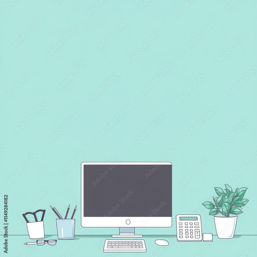 Minimalist workspace with computer, plant, and stationery. Minimalist workspace with computer, plant, and stationery.