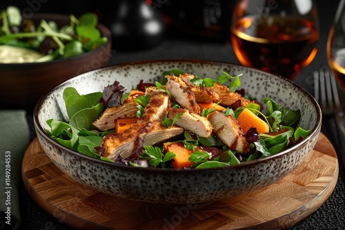 Fresh green salad with crispy chicken and avocado