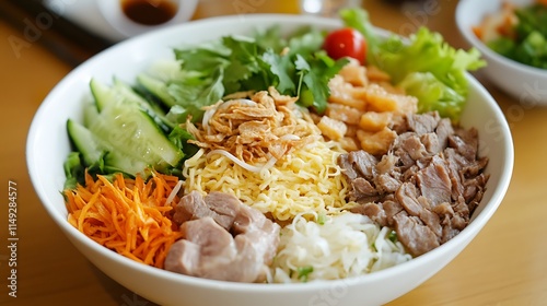 Bowl of spicy instant noodle salad served with fresh vegetables and meats
