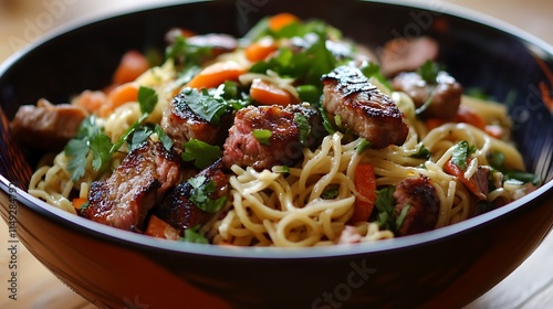 Spicy noodle salad with mixed meats served in a modern colorful dish photo