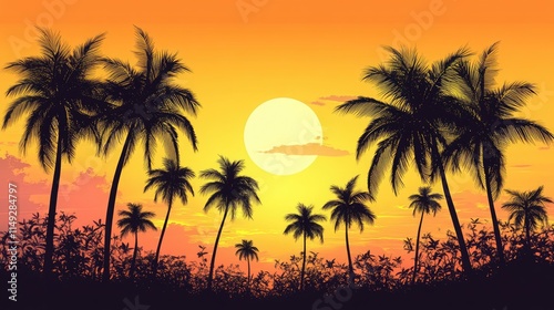 Silhouette of palm trees at tropical sunrise or sunset