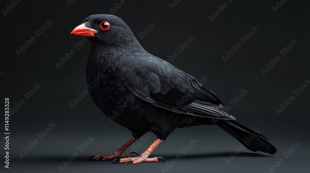 Obraz premium Full Body Profile of a Black Bird with Bright Orange Beak Set Against a Dark Background