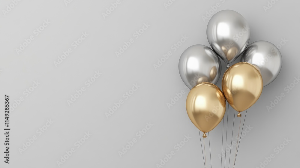 silver and gold balloons isolated on empty grey wall background with copy space silver and gold balloons isolated on empty grey wall background with copy space